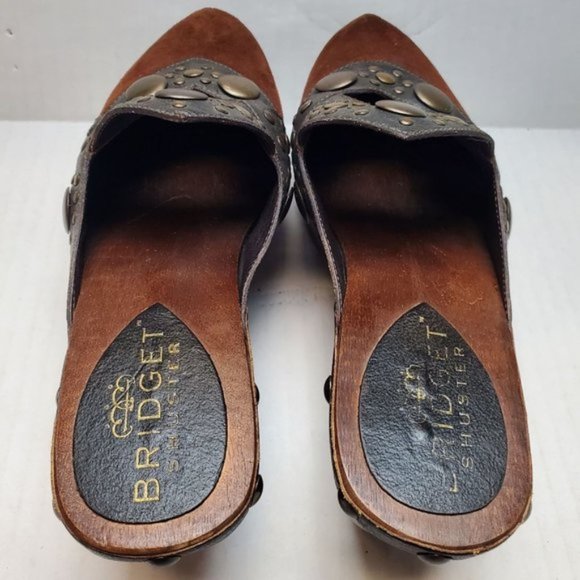 Bridget Shuster Women's Brown Suede Leather Bronze Studded Chunky Wooden Clog - Picture 15 of 16